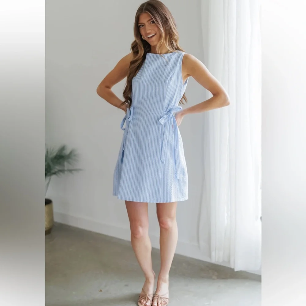 Landry Kate / GILLI Monroe Mini Dress Blue & White Striped Side Bow Ties Large - Picture 1 of 16